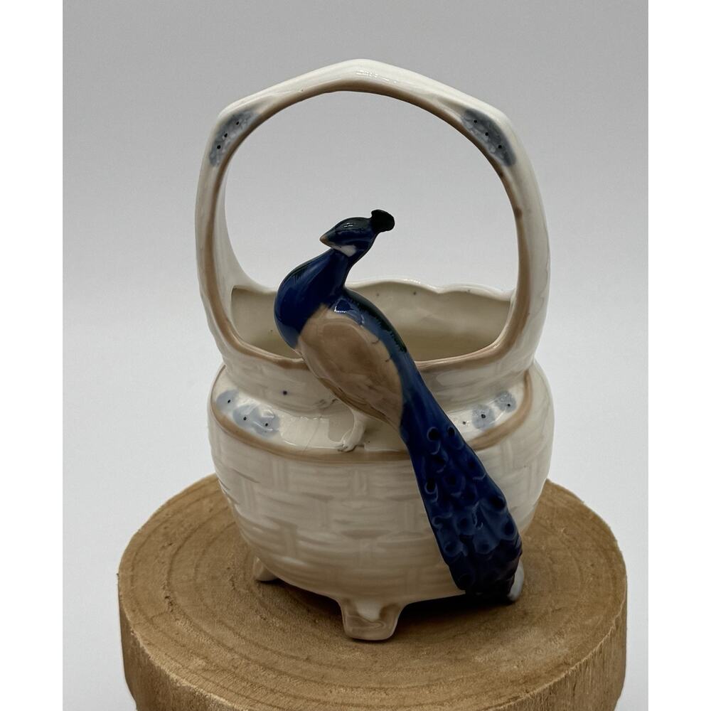 Vintage Ceramic Peacock Seated On Footed Hand basket
